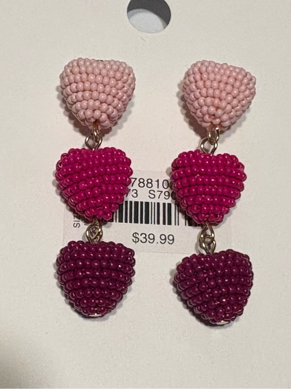 LOFT Triple Heart Beaded Drop Earrings in Light Pink, Fuchsia, and Deep Magenta